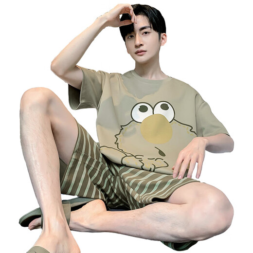 Commander Bear pajamas men's summer short-sleeved thin style plus fat plus size cartoon teenager student big boy suit short-wb1349 orange sleeve M small size (suggested height 155C weight 7