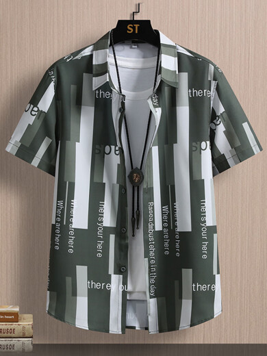 曦屿薄款短袖衬衫男夏季宽松尖领条纹印花衣服衫冰丝凉感青少年衬衣XY 7162绿色+7027黑色 M 约95~110斤可穿