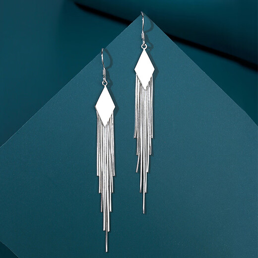 Jiuchangshi 99 sterling silver earrings for women, diamond-shaped tassel earrings, high-end, long and temperamental birthday gifts for girlfriend, 99 pure silver pair, weighing about 5g
