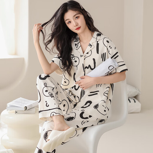 Coupez Yu Liuhong 2025 Nouveau pyjamas pyjamas pantalon à manches courtes pour femmes Suit simple et à la mode décontracté et peut être porté à l'extérieur des vêtements à la maison 693AH Style féminin L