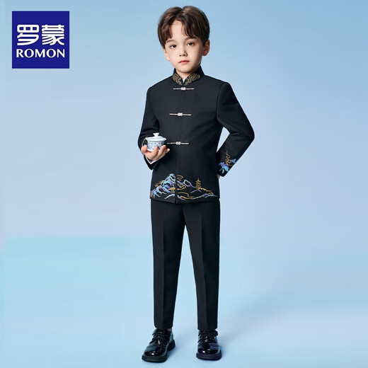 罗蒙男童中山装西装套装国风新中式西服民国儿童主持人演出服 黑色140