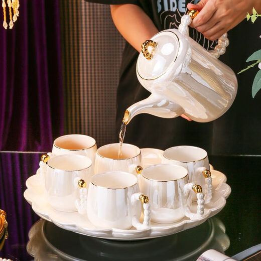 Ruishun Light Luxury Water Set Tea Cup Set Cup Tea Set Water Set Home Nordic Style Housewarming Gift Large Capacity Water Cup Pearl White Lace Rotating Tray (Gift Box)
