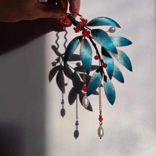 Shijun (SHIJUN) Velvet Flower Hairpin, Ancient Style Bamboo Branch Words, Bamboo Leaf Gold Imitation Dotted Emerald Hairpin Brooch, Hanfu Accessories Valentine's Day Gift, One Hairpin (tassel is not removable)