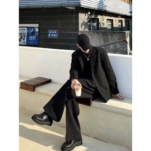 迪伽达 暗黑系小西装男士高级感外套垫肩宽松痞帅韩版潮流休闲西服 ORH-W05黑色 2XL