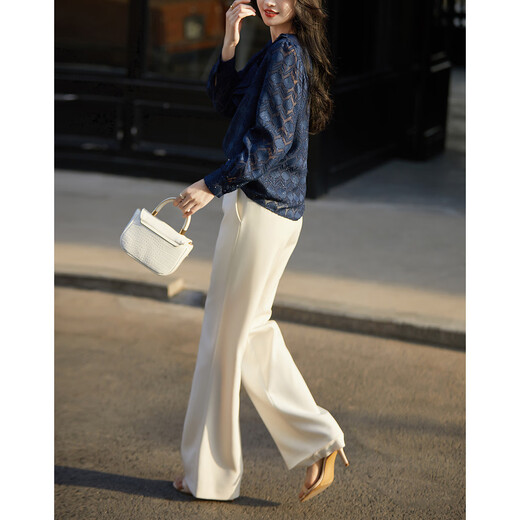 Demana bright silk glitter quality spring and autumn French V-neck long-sleeved shirt jacquard temperament shirt women's tops