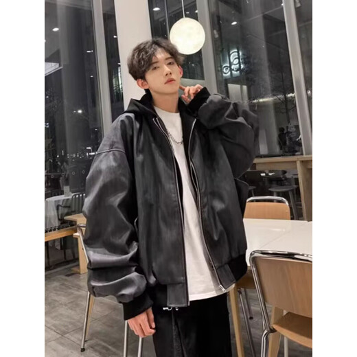 Yiran presents jacket men's autumn and winter high street fashion handsome hunting suit fake two-piece design baseball uniform hooded casual jacket for men black XL recommended 120-140Jin Jin equals 0.5 kg
