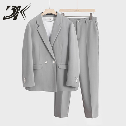 DK Light Luxury Men's Suit Suit Men's Jacket Loose Spring and Autumn Business Casual Formal Suit Suit Gray - Two-piece suit + trousers S Suitable for 100-115 Jin Jin equals within 0.5 kg