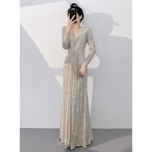 Wutuo dress is a high-end light luxury evening girl 2024 new niche long-sleeved sequin annual meeting host slim and slim apricot silver L