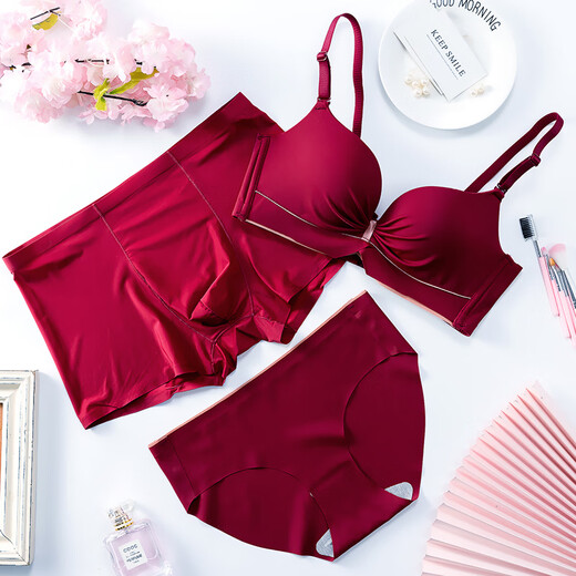 纪娅芙本命年红色结婚新婚情侣内衣套装三件套带文胸胸罩情侣内裤冰丝 2条 4840酒红套装 女(34/75AB)+男XXL