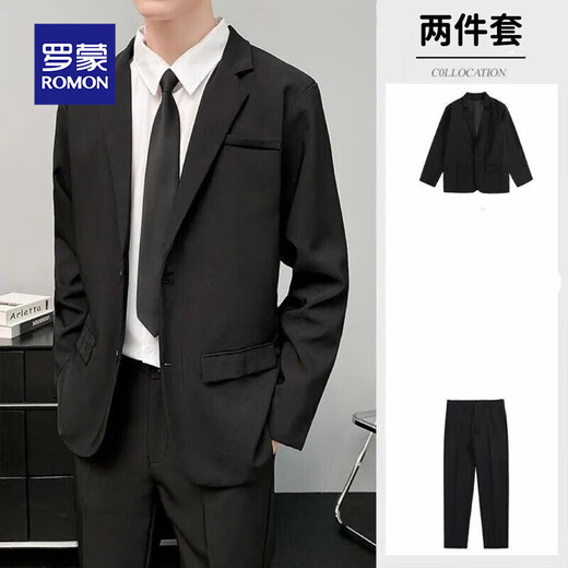 Luo Meng suit set, a complete set of new wedding performance, Korean version, casual commuting, college student interview, professional formal suit, black suit + trousers + white shirt + tie (four-piece set) M