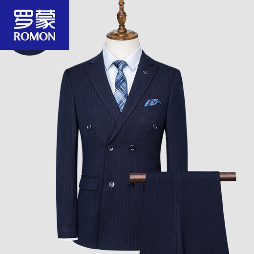 ROMON brand high-end suit suit men's double-breasted striped wedding British slim suit men's groom's wedding dress 1882 navy three-piece suit 180