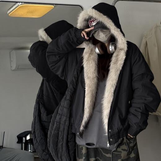 OEMG Mountain Carving Cotton Clothes Men's Autumn and Winter American Retro Hooded Trendy Brand High Street Short Design Sensational Jacket Thick Jacket Light Gray XL Recommended 110-130Jin Jin equals 0.5 kg