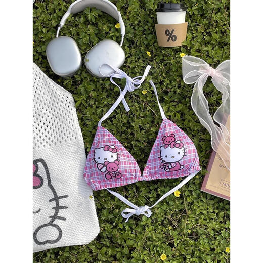 Couir noir en cuir noir HELLOKITTY HALTER LABLE de cou poitrine poitrine bikini fille chaude de maillot de bain Sous-vêtements Sous-vêtements 834 ensemble en deux pièces, une taille unique