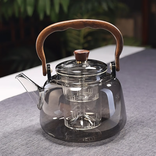Full-degree heat-resistant glass teapot, wood grain handle, handle kettle, steaming, integrated teapot, electric ceramic stove, tea boiler, stove for making tea, wood grain handle handle, handle kettle + Kangmi black ceramic stove