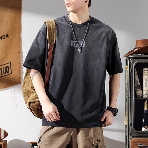 Jeanswest 280G schweres Retro Old Waschbaumwäsche kurzärmeligte T-Shirt für Männer im Sommer Kaji American Tough Guy T-Shirt Herren Black Grey XL für 145-160jin [Jin gleich 0,5 kg]