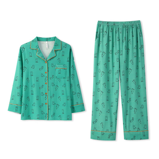 Anzhiban Super Soft Couple Pajamas Spring and Autumn Anzhi Elastic Cotton Casual Loose Long-sleeved Couple Home Clothes Can be Weared Outside Oil Green (Female) M