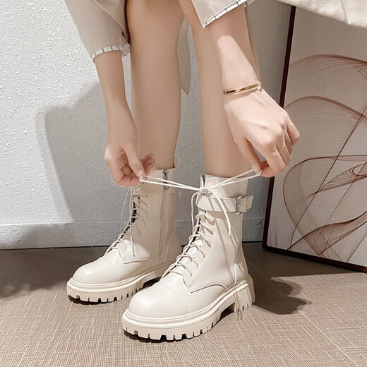 Belle Autumn and Winter Women's Shoes Martin Boots Botas cortas para mujeres Flat Suele grueso grueso White White Lace Boots Midube Boots All-Match Motorcycle Rider Boots Off-White 38