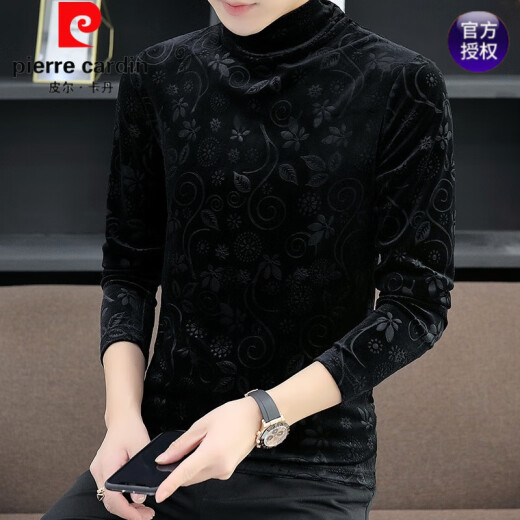 皮尔卡丹（pierre cardin）加绒加厚半高领打底衫男士黑色金丝绒长袖t恤秋冬季内搭T 加绒 691黑色 L