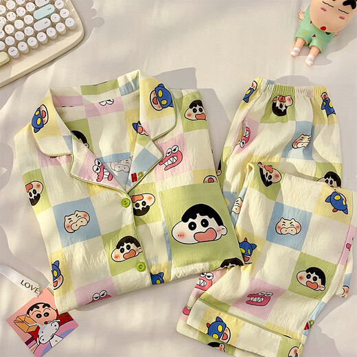 
He Yangyu 2025 new crayon Shin-chan cartoon Japanese pajamas for women in spring and autumn cloud cotton thin long sleeve autumn and winter home clothes 11303 women's model [cloud cotton] long sleeves + long trousers XL women [suggested weight 120-135Jin [Jin equals 0.5 kg]]
