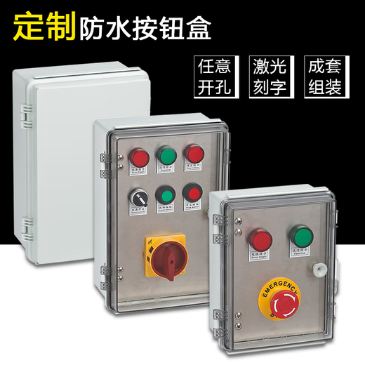 Customized buckle hinge type button box transparent waterproof sealed instrument distribution box with stainless steel inner door protection 2 indicators + emergency stop 160*210*100