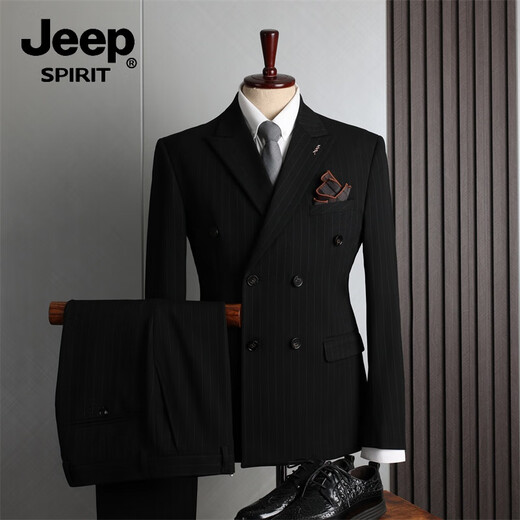 JEEP SPIRIT Jeep suit men's suit wedding double-breasted British lapel groom engagement slim striped formal suit blue (suit + trousers) XL/52 (125-135Jin Jin equals 0.5kg)