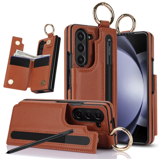 Jinhao eignet sich für Samsung Z Fold5 Mobiltelefone Hülle Pensteckplatz-Brieftasche Klappschirm Fold4/3 Vollinclusive Anti-Fall-Schutzhülle Ringhalterung High-End-Mode-Mode-Brieftasche Mobiltelefon Leder-Hülle Ringschutz Hülle Brown Samsung Fold5