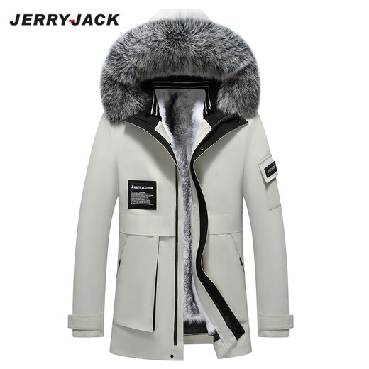 JERRYJACK men's parka with full mink fur lining and removable fur one-piece winter warm coat, fashionable men's coat, off-white + silver fox fur collar + white mink lining M/170