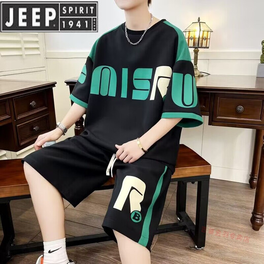 Jeep Spirit Summer Jugend kurzärmelig Sportanzug T-Shirt Fett Plus Größe Männer lose Modemarke Handsome Set D672 Black L