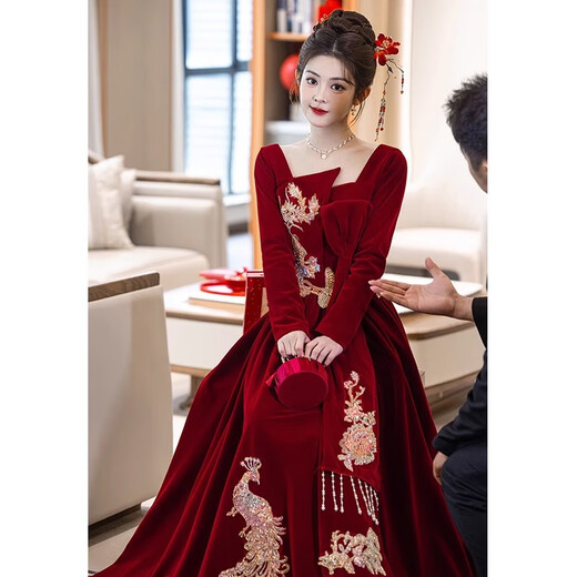 Paviso Toast Wear Bridal Autumn and Winter Red Wedding Casual Return Engagement Dress New Chinese Style Long Sleeve Temperament TX2442 Burgundy Velvet Style Pierre Cardin L (170)