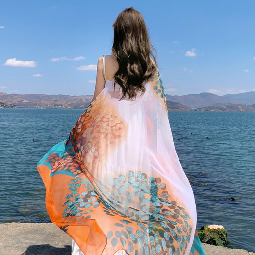 Jin[Jin equals 0.5 kg] Mu ethnic style shawl beach towel silk scarf soft gauze printed scarf for girls Tibet Xinjiang Qinghai tourism to extend the style Ethnic style shawl [Orange cashew nuts] 130*180
