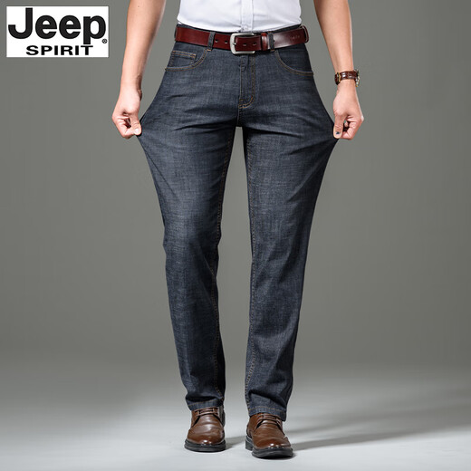 JEEP SPIRIT吉普牛仔裤男高腰深档秋冬厚款大码宽松直筒中年加绒长裤 679黑色 厚款 29