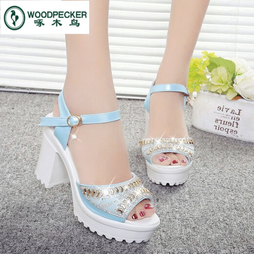 
Woodpecker 2025 new rhinestone fish-mouth shoes for women summer thick sole sponge cake Korean version waterproof platform high heel one-line buckle thick heel sandals blue upgraded version 37