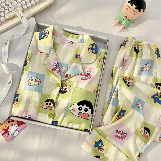 
He Yangyu 2025 new crayon Shin-chan cartoon Japanese pajamas for women in spring and autumn cloud cotton thin long sleeve autumn and winter home clothes 11303 women's model [cloud cotton] long sleeves + long trousers XL women [suggested weight 120-135Jin [Jin equals 0.5 kg]]