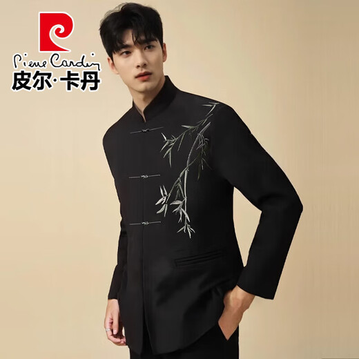 Pierre Cardin New Chinese Bamboo Embroidery Suit Men's Groom Wedding Engagement Stand Collar Banquet Dress Suit Knitted Black Two-piece Set Top + Pants L