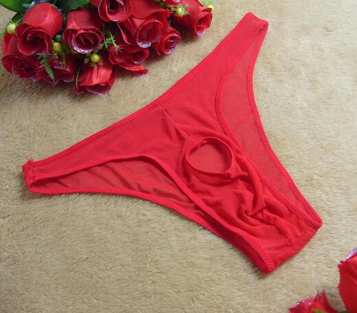 Sexy underwear men's sexy see-through underwear high elastic mesh holes exposed JJ briefs T-pants thong red one size