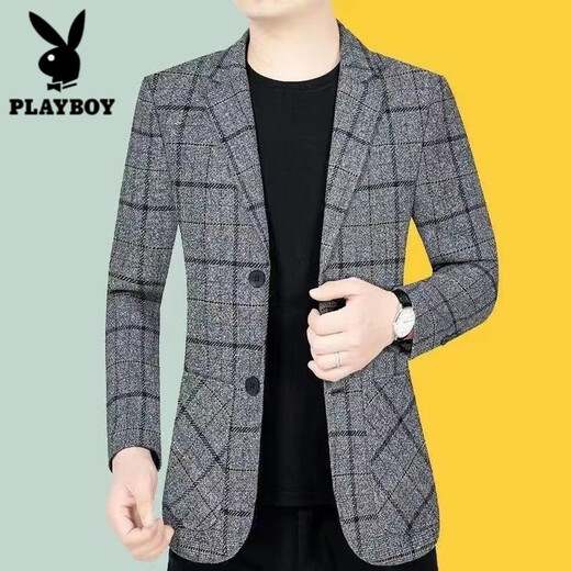 Playboy (PLAYBOY) suit jacket men's new autumn and winter business casual autumn and winter style middle-aged men's plaid suit Korean version trendy khaki plus velvet thickened XL recommended 115-130 Jin Jin equals 0.5 kg