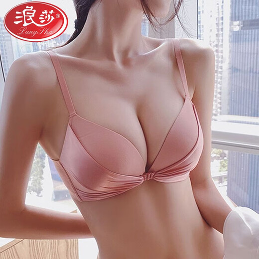 LangSha brand high-end wire-free front buckle beautiful back underwear women's set push-up thickened bra adjustable sexy small bra pink single piece L 3680B