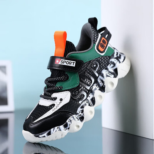 
Children's shoes boys' sneakers summer breathable elementary school student dad shoes middle child trendy casual boy running gray blue double net 34