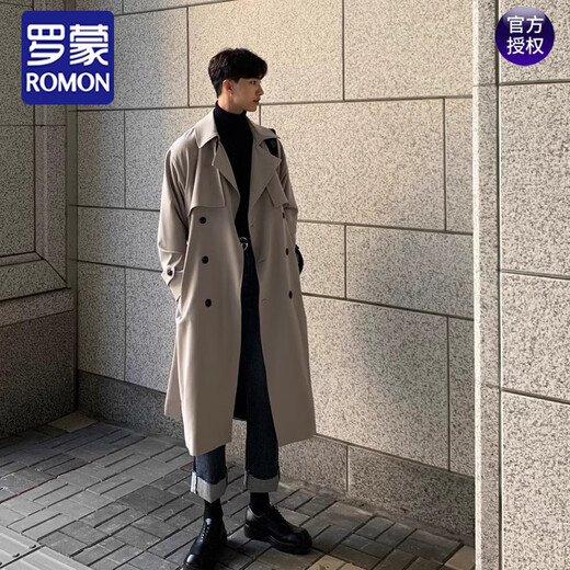 ROMON Korean style windbreaker men's mid-length trendy loose knee-length double-breasted coat autumn and winter thickened Japanese coat black 2XL
