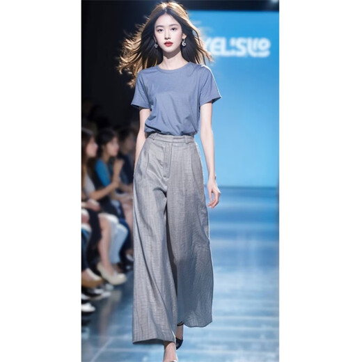 Oudihui (Oudihui) 2025 this year's popular casual pants women's summer match with a whole set of clothes, light-maturity wide-leg pants two-piece suit Blue suit M