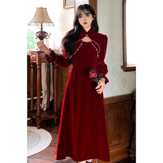 YIOU Cheongsam Toast Wear Bridal Autumn and Winter Engagement Evening Dress Skirt for Women Red Chinese Velvet Feel Autumn and Winter 3507 Red S