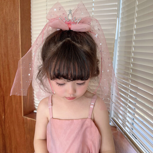 Fat Donglai's same style children's veil girl Elsa princess skirt headdress flower girl baby birthday dress Elsa hair accessories beige five-star crown yarn length 55cm, clip length 6c