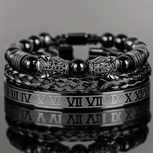 Pangdonglai Qualität Doppelköpfiges Leopardenarmband Kupfer Mikroset Zirkon schwarzes Achatarmband gewebte Männer aus Edelstahl Römisch-Armband Stapel ZJ12807