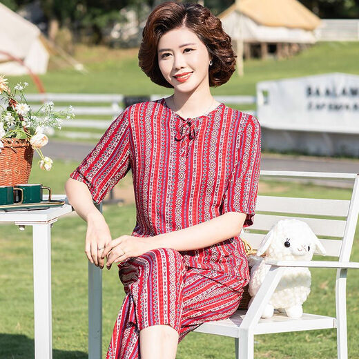 安梦影棉绸中老年女装中袖棉绸套装大码中老年夏季衣服女时尚妈妈装两件 橄榄绿 9226 25 3xl 1-140斤