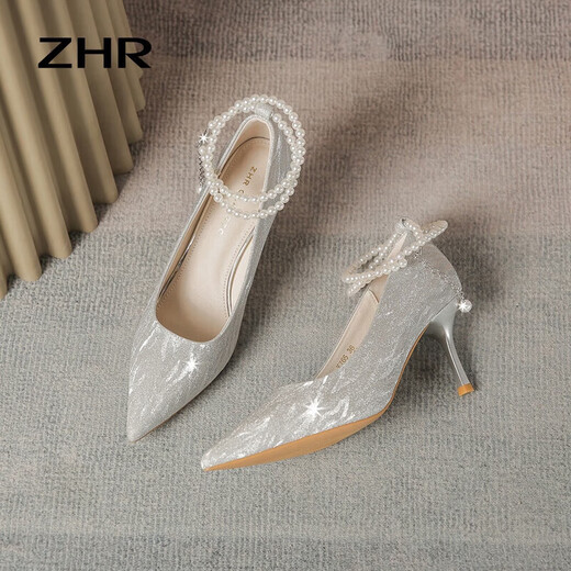 
ZHR high heels female elegant pointed toe thin heels women's shoes high-end pearl strap crystal single shoes women Y765 silver 37