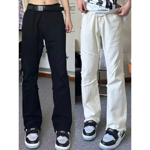 Poum Jeans Herren Frühling und Herbst Sommer New American High Street Burrs Design Slim und Lose gerade Hosen Herren DDD-672 Weiß L.
