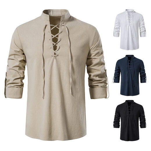Men's Henley Medieval Retro Shirt Lace-Up Long Sleeve Shirt Nordic Style Renaissance Punk Performance Costume Navy L