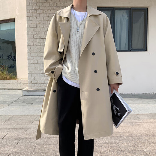 Li Rengui mid-length windbreaker men's casual suit spring and autumn knee-length loose coat boys handsome wear trendy brand jacket khaki single jacket M