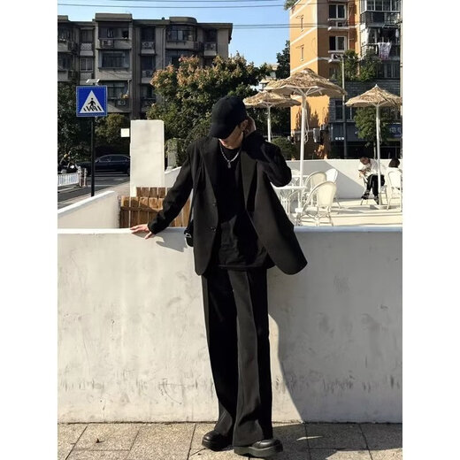 迪伽达 暗黑系小西装男士高级感外套垫肩宽松痞帅韩版潮流休闲西服 ORH-W05黑色 2XL