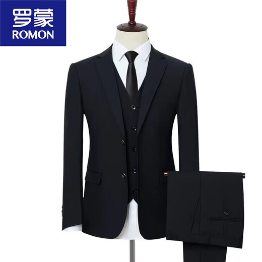 ROMON suit men's slim fit work professional formal velvet thickened suit wedding dress winter double-button dark blue B package L 175